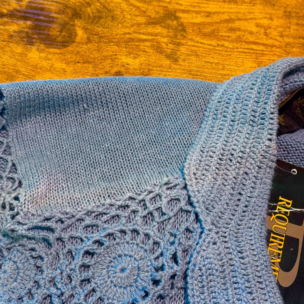 VTG Requirements Petite Blue Crochet Short Sleeve Cardigan Sz L Sweater Boho NWT - Picture 8 of 11